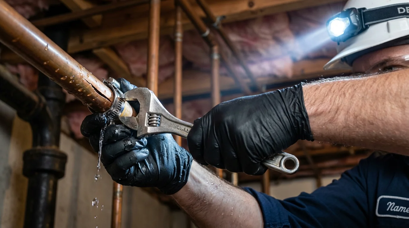 Emergency pipe clamp repair being performed by a Johns Plumbing LLC plumber in Attica