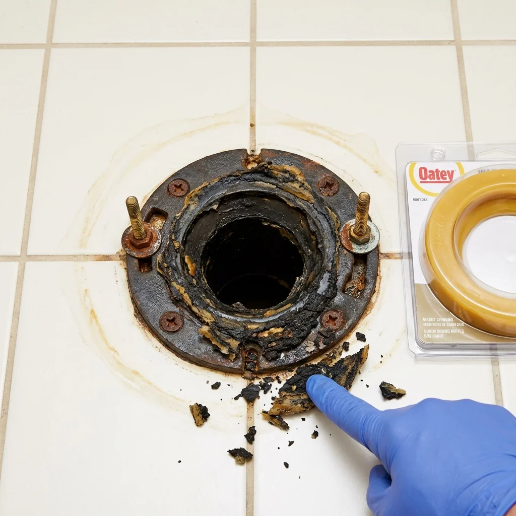 Failed wax ring showing water seepage at the base of a toilet in a Attica, IN home