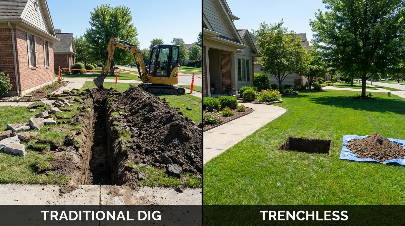 Trenchless sewer repair with minimal yard damage versus traditional excavation in Attica, IN