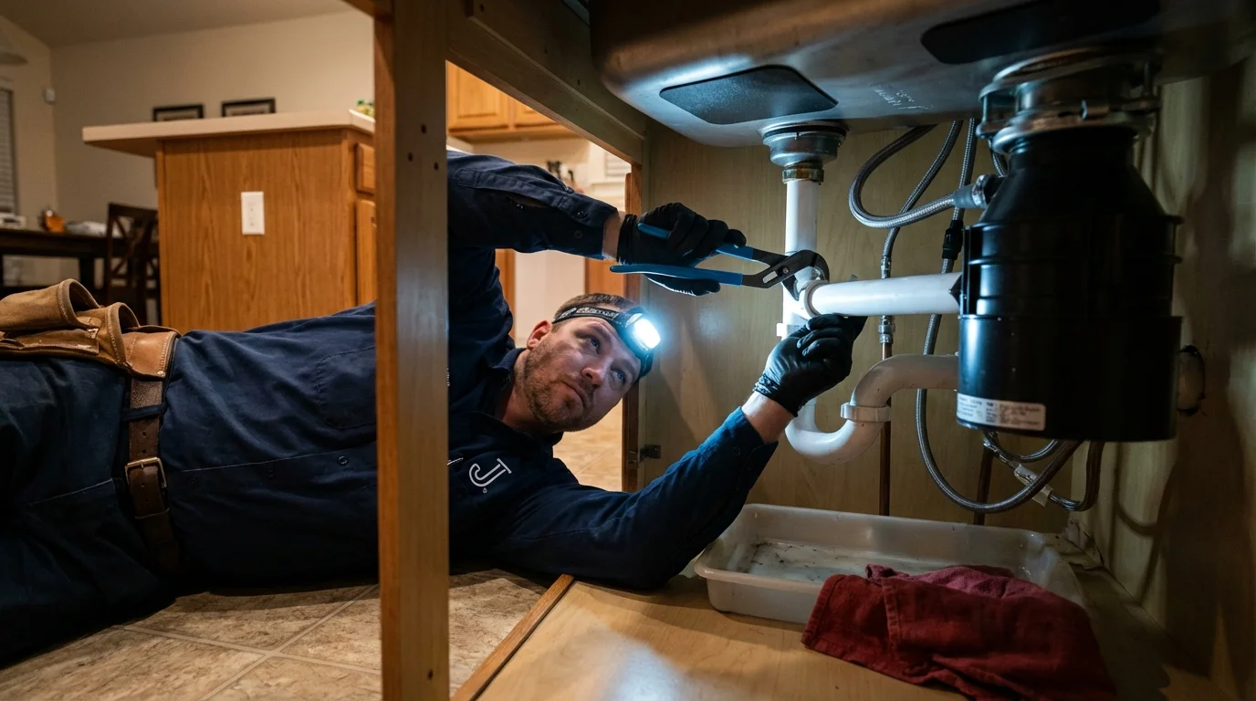 P-trap and supply line connections under a kitchen sink showing a common leak point in Attica, IN